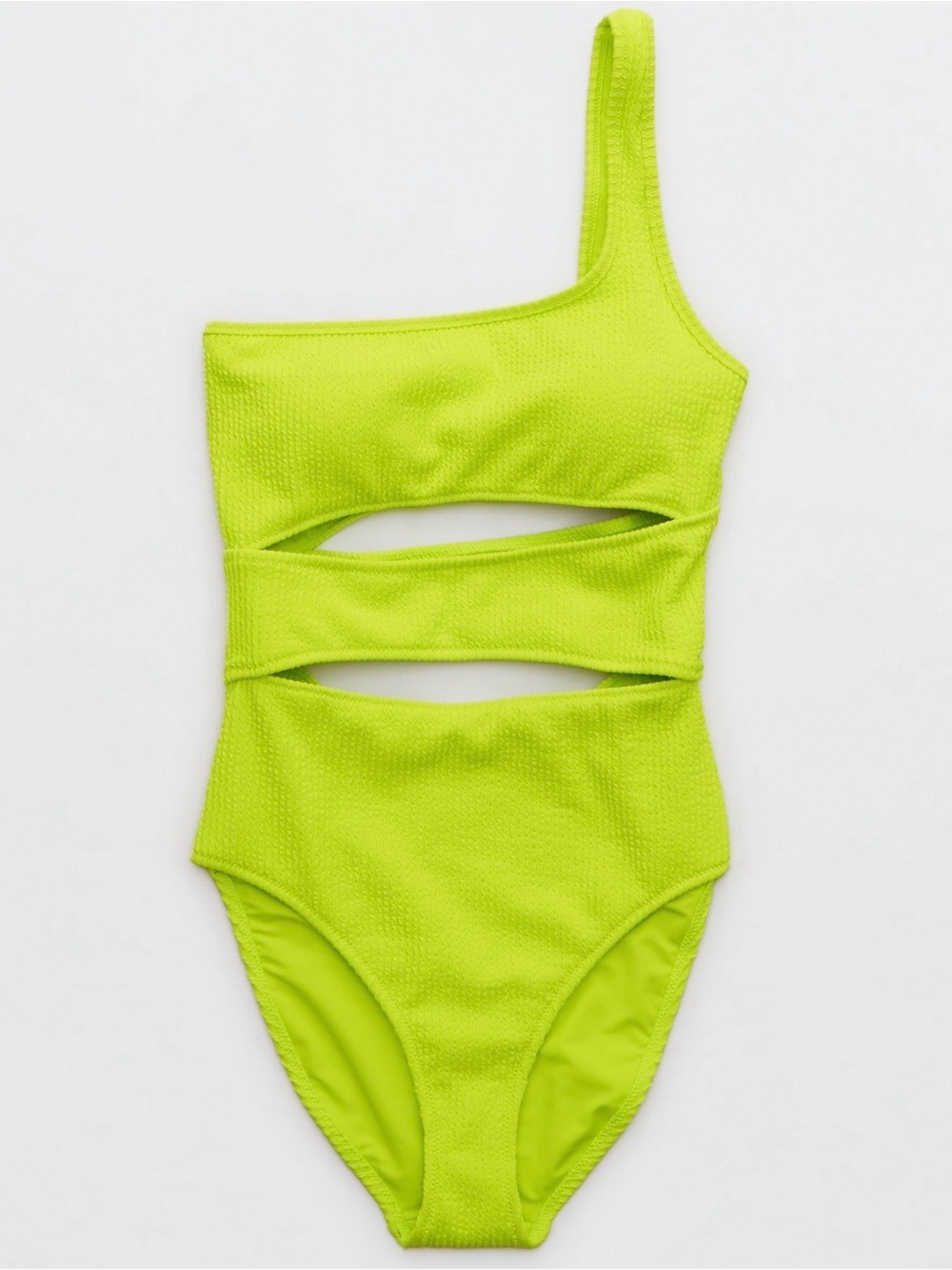 Crinkle Cut Out One-Shoulder Cutout One-Piece Swimsuit in Lime